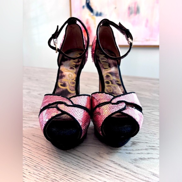 Sam Edelman Paisley 5” Sequin Ankle-Strap Plat Form In Rose Gold Size 7.5m - Picture 2 of 6